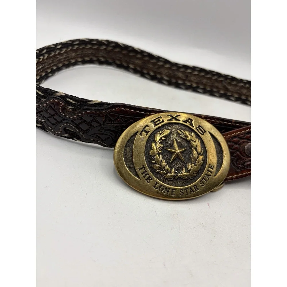 Vintage Hand Braided Horsehair Belt Texas Lone Star Brass Buckle Size 34